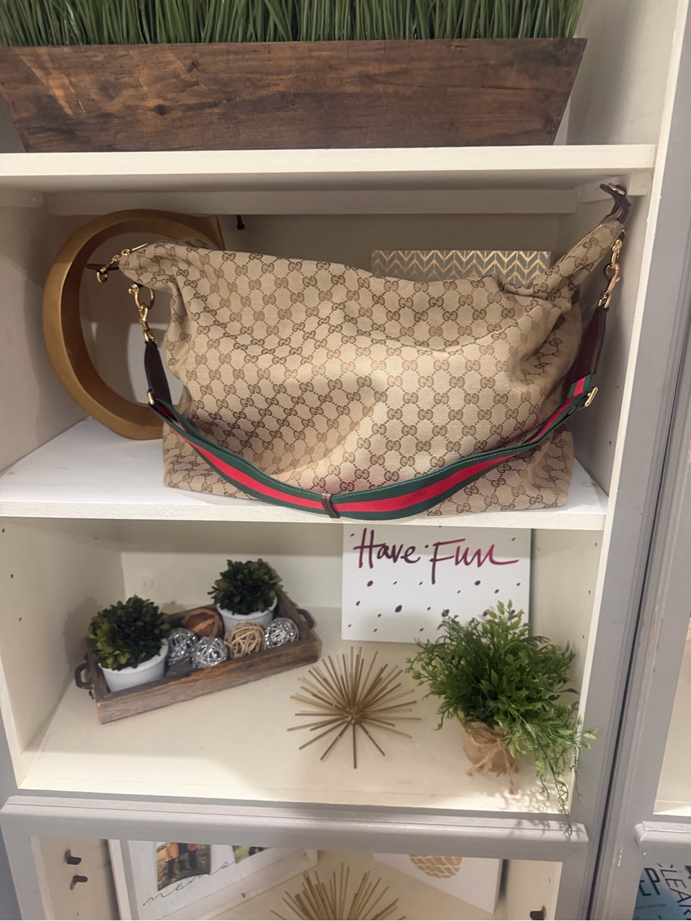 Gucci Beige GG Supreme Hobo with Green-Red Web Strap